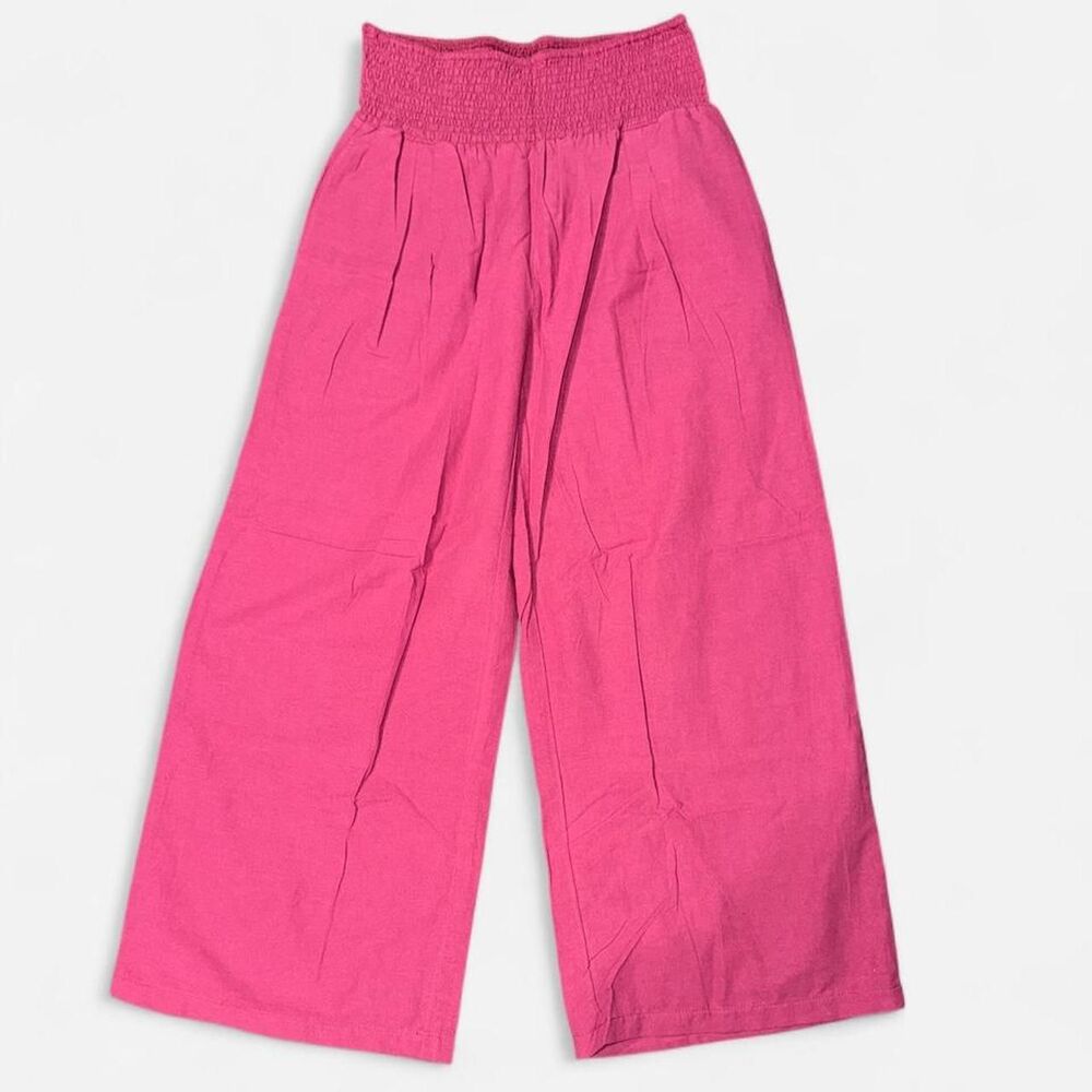 Magenta Cotton Linen Pants with Wide Stretch Waistband, XL